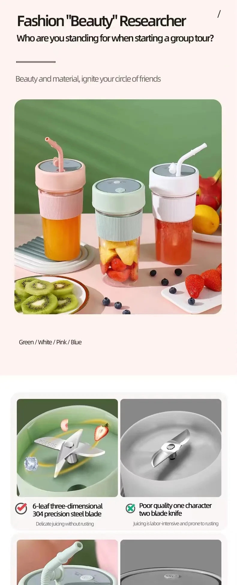 🍏 Mini Electric Rechargeable Portable Wireless Juicer Cup – 6 Blades for Effortless Fruit Blending! 🍊