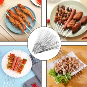 Silver Barbecue Skewer Stainless Steel Storage Tube Reusable Grill Sticks Flat BBQ Fork BBQ Utensil Kitchen Outdoor Camping Tool - Image 3