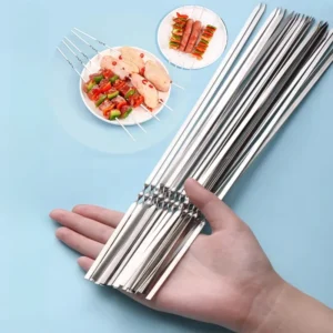 Silver Barbecue Skewer Stainless Steel Storage Tube Reusable Grill Sticks Flat BBQ Fork BBQ Utensil Kitchen Outdoor Camping Tool - Image 2